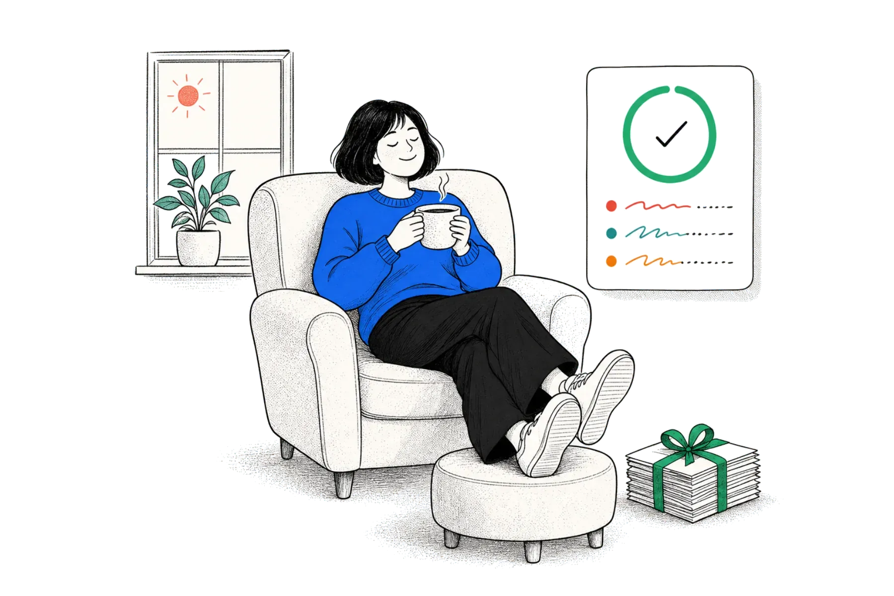 A woman looking over a calm year-end tax estimate
