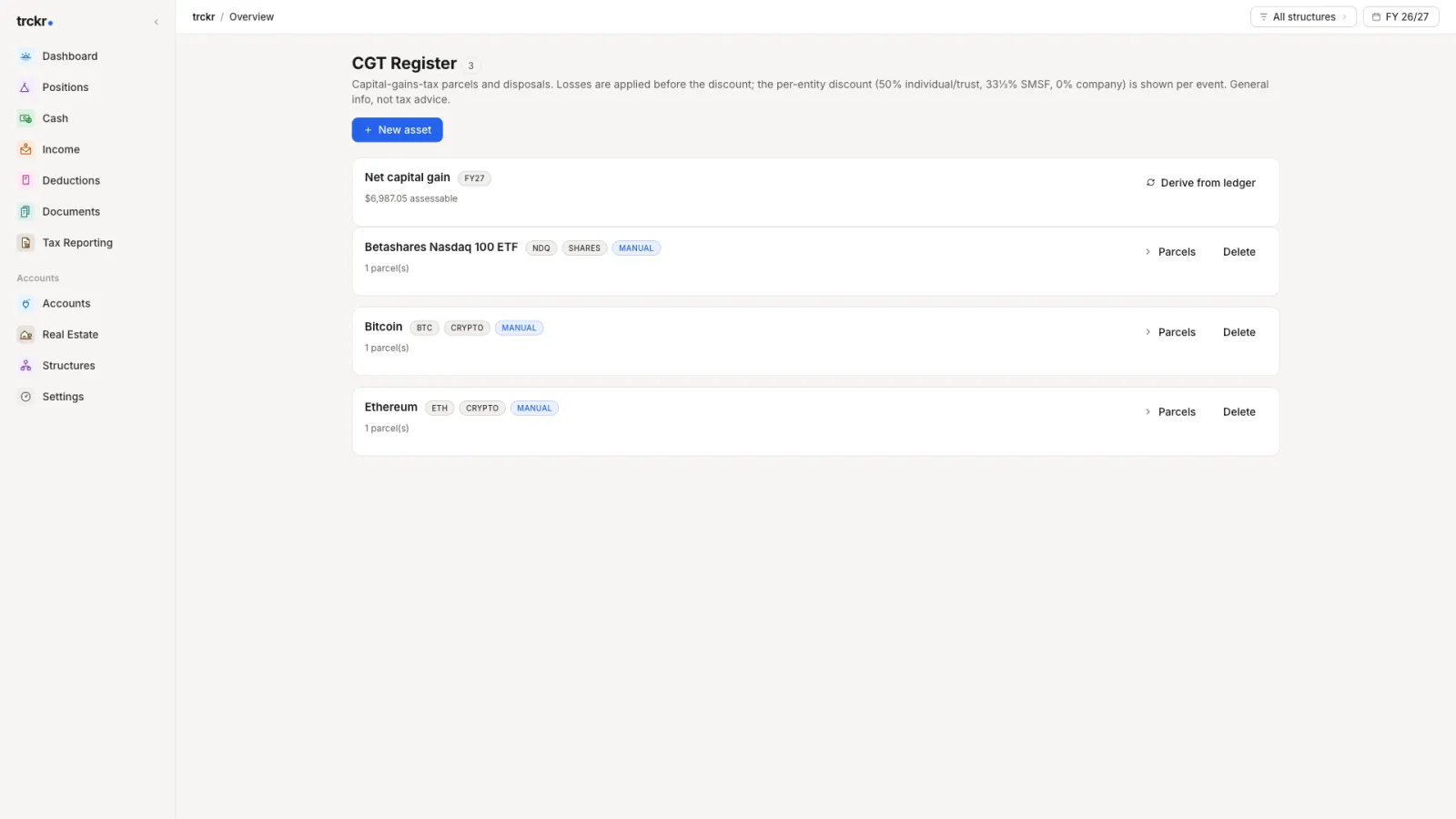 Capital gains register with parcel-level calculations