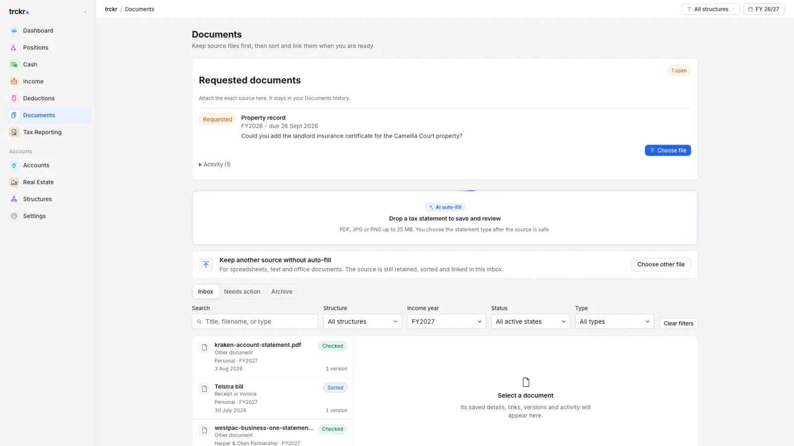 Documents screen showing source files connected to financial records