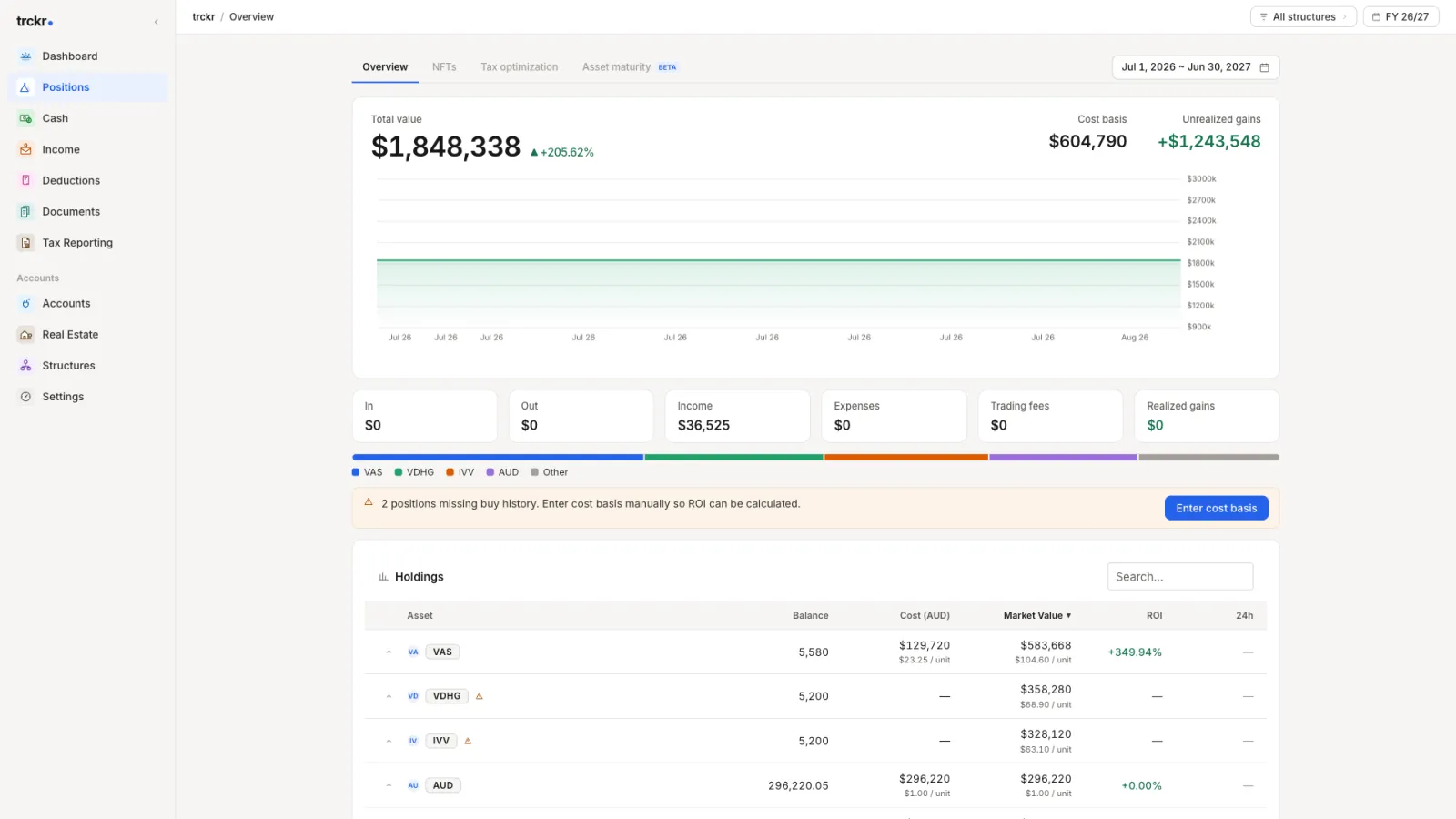 Positions screen listing shares and crypto across accounts