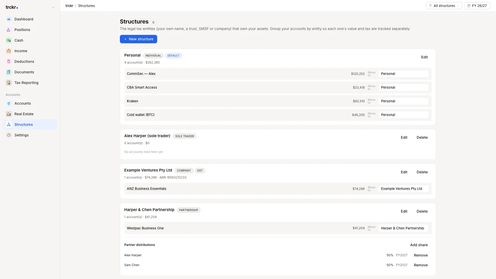 Structures screen listing personal, trust, partnership and super fund owners