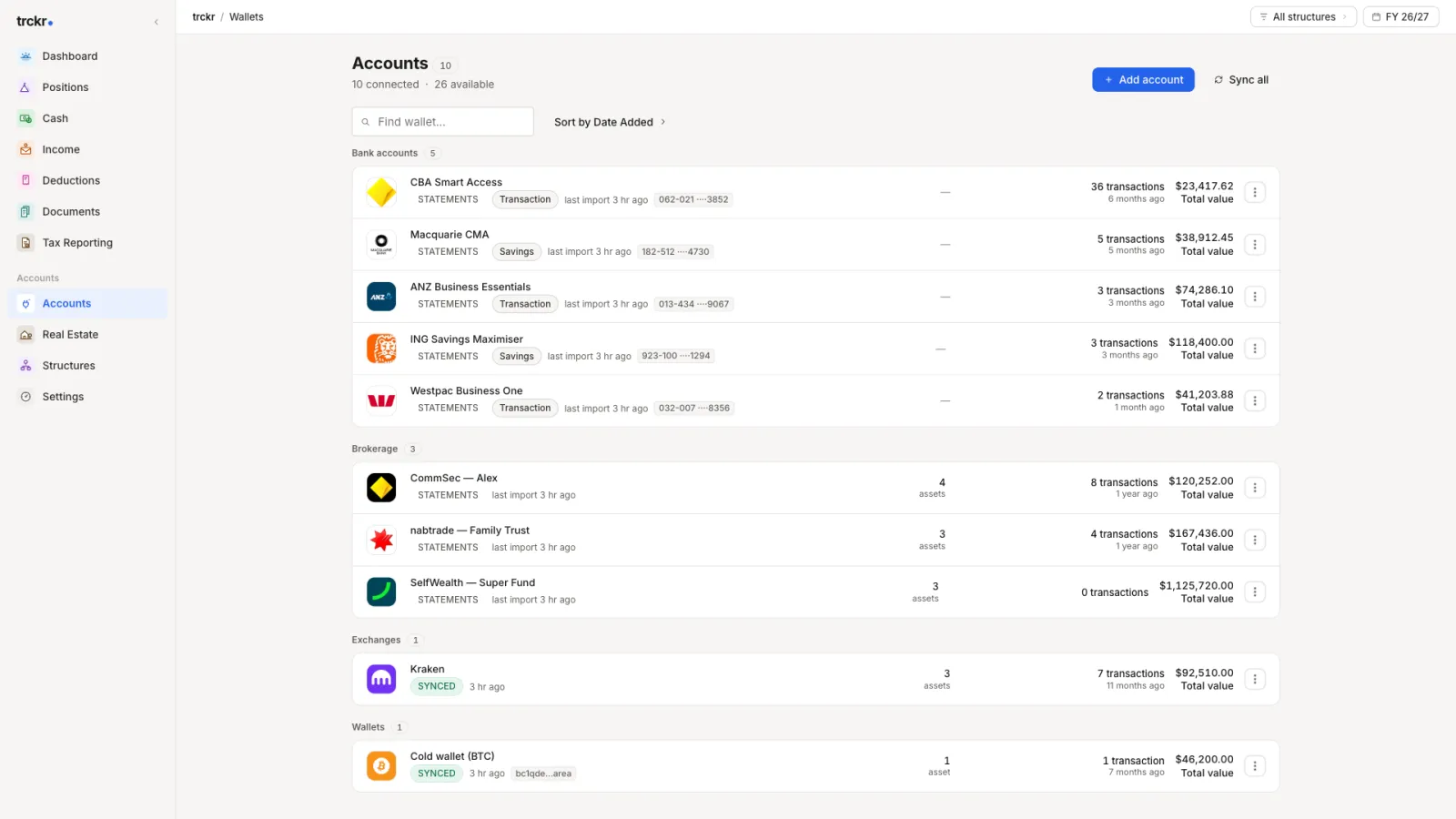 Accounts screen showing connected exchanges and watch-only wallets