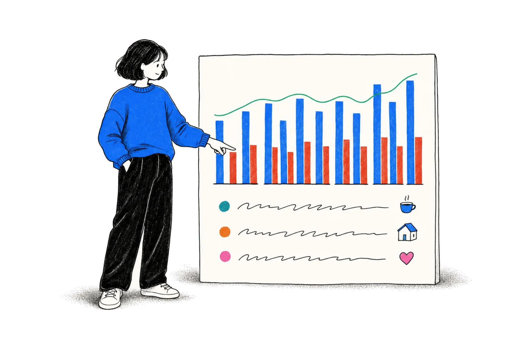 A woman comparing income, spending and changing patterns