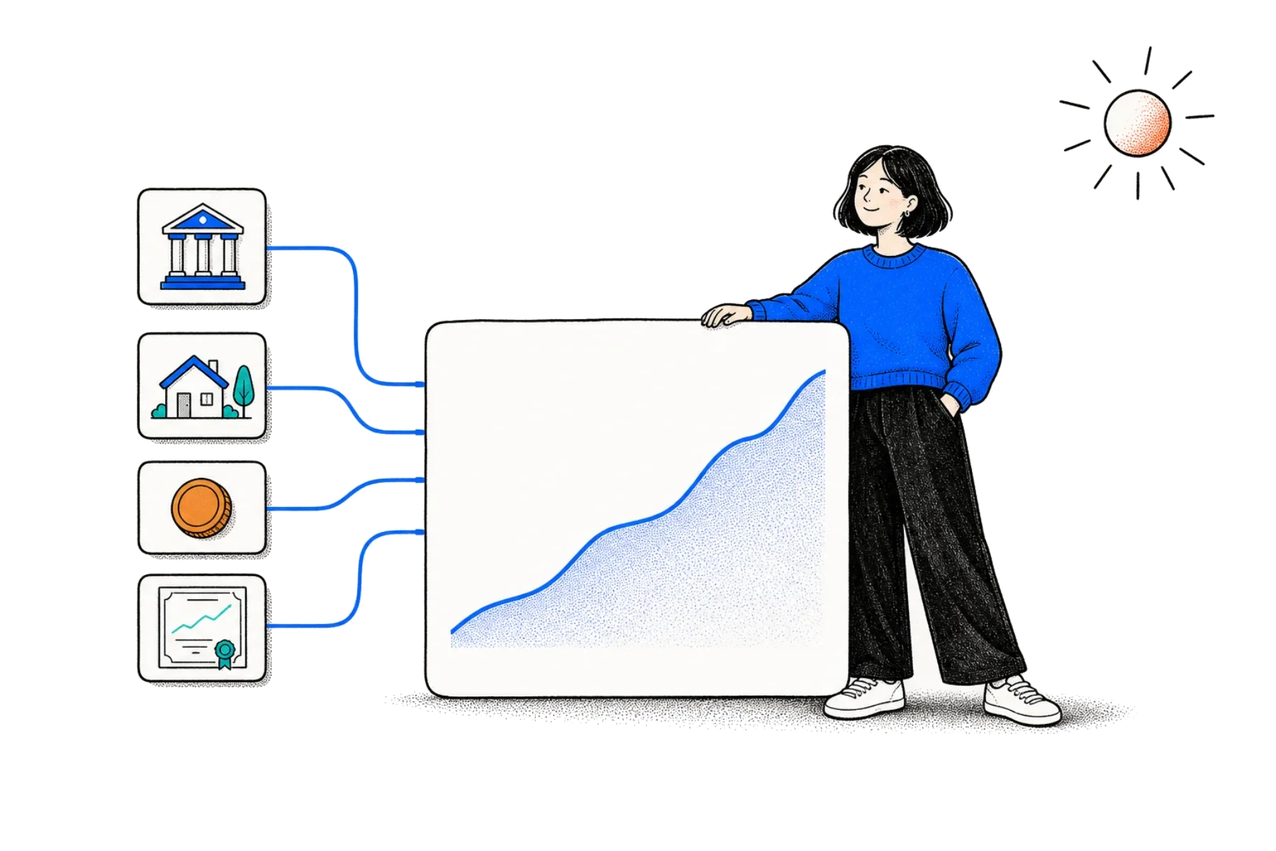 A woman bringing cash, shares, crypto and property into one picture